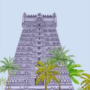 Puede incluir: Un dibujo lineal detallado en color p&uacute;rpura de una torre de templo hind&uacute; de varios niveles, conocida como gopuram, centrada sobre un fondo azul claro. La estructura est&aacute; rodeada de palmeras y follaje verde, con un borde decorativo arriba y abajo.