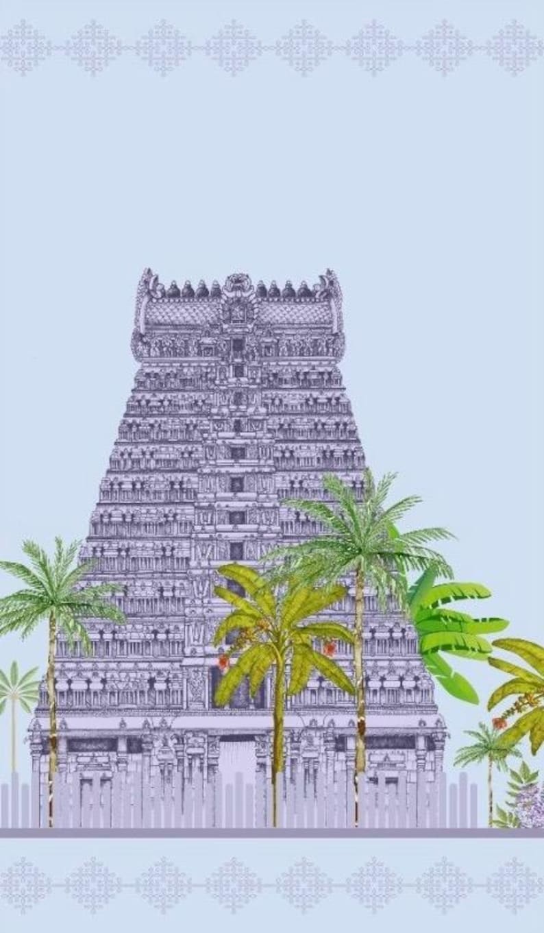 Puede incluir: Un dibujo lineal detallado en color p&uacute;rpura de una torre de templo hind&uacute; de varios niveles, conocida como gopuram, centrada sobre un fondo azul claro. La estructura est&aacute; rodeada de palmeras y follaje verde, con un borde decorativo arriba y abajo.