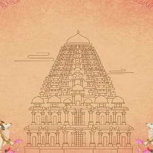 Puede incluir: Un fondo de color melocot&oacute;n presenta una ilustraci&oacute;n central de l&iacute;neas de una torre de templo de varios niveles. Dos vacas blancas con mantas decorativas rosas y doradas se sit&uacute;an a ambos lados, flanqueadas por plataneros verdes y flores de loto rosas.