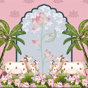 May include: A digital illustration featuring a pink and blue background with a decorative archway. The image showcases white cows with red handprints, lotus flowers, and palm trees. The overall theme is a blend of nature and cultural elements.