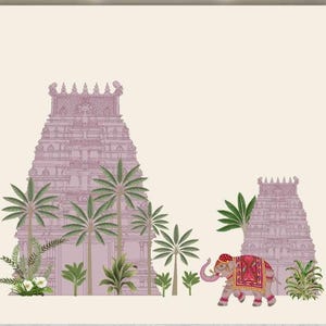 Puede incluir: Una impresi&oacute;n de arte mural cuadrada que presenta dos gopurams de templo hind&uacute; de color p&uacute;rpura claro sobre un fondo crema. La escena incluye varias palmeras verdes y plantas tropicales, con un elefante decorado caminando en primer plano.