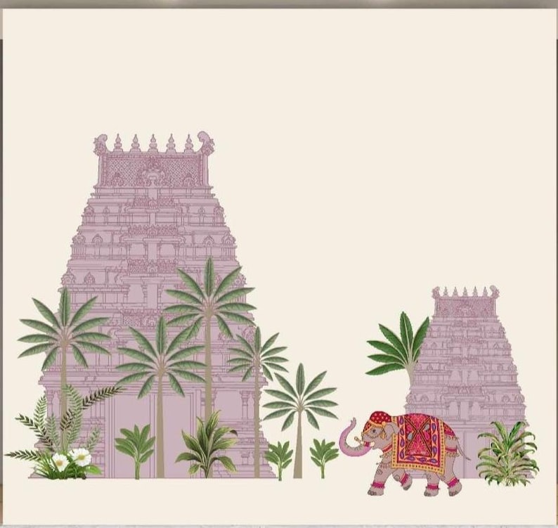 Puede incluir: Una impresi&oacute;n de arte mural cuadrada que presenta dos gopurams de templo hind&uacute; de color p&uacute;rpura claro sobre un fondo crema. La escena incluye varias palmeras verdes y plantas tropicales, con un elefante decorado caminando en primer plano.