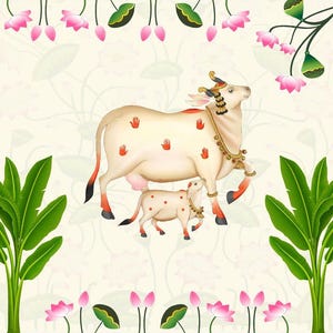 May include: An illustration of a cream-colored cow and calf with red handprints and accents. The cow wears jewelry and has a decorative headpiece. The background features lotus flowers and green leaves.