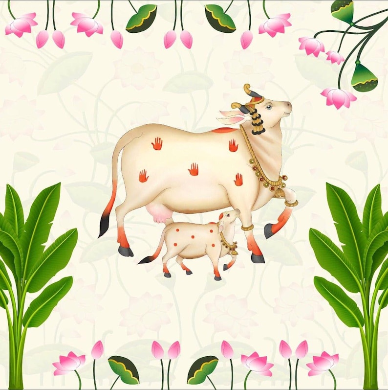 May include: An illustration of a cream-colored cow and calf with red handprints and accents. The cow wears jewelry and has a decorative headpiece. The background features lotus flowers and green leaves.