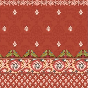 Puede incluir: Un patr&oacute;n textil con fondo rojo terracota, motivos florales blancos repetidos, una banda horizontal de aves verdes enfrentadas y un borde decorativo de grandes flores circulares rojas y blancas con enredaderas de hojas.