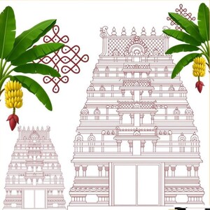 Puede incluir: Una ilustraci&oacute;n de l&iacute;neas de dos gopurams de templo hind&uacute; en color granate, flanqueados por plantas de pl&aacute;tano verdes con racimos de fruta amarilla. Un patr&oacute;n geom&eacute;trico kolam granate se sit&uacute;a entre las torres sobre fondo blanco.