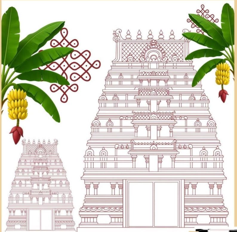 Puede incluir: Una ilustraci&oacute;n de l&iacute;neas de dos gopurams de templo hind&uacute; en color granate, flanqueados por plantas de pl&aacute;tano verdes con racimos de fruta amarilla. Un patr&oacute;n geom&eacute;trico kolam granate se sit&uacute;a entre las torres sobre fondo blanco.