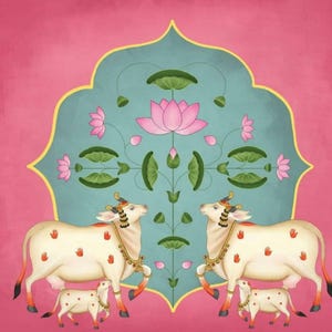 May include: An artistic illustration featuring two white cows with red handprints and gold jewelry, each with a calf. The cows are set against a teal and pink backdrop with lotus flowers and leaves.