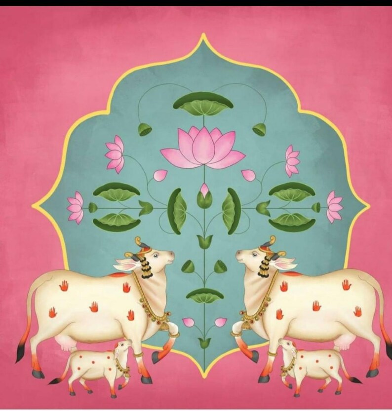 May include: An artistic illustration featuring two white cows with red handprints and gold jewelry, each with a calf. The cows are set against a teal and pink backdrop with lotus flowers and leaves.