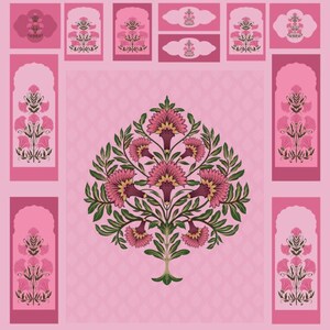 May include: A pink floral design with a central tree-like motif and surrounding rectangular and arched panels. The tree features pink flowers and green leaves against a light pink background. The design has a symmetrical layout with a repeating floral pattern.