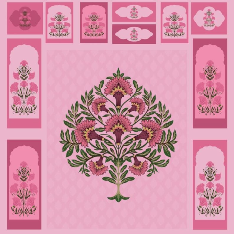 May include: A pink floral design with a central tree-like motif and surrounding rectangular and arched panels. The tree features pink flowers and green leaves against a light pink background. The design has a symmetrical layout with a repeating floral pattern.