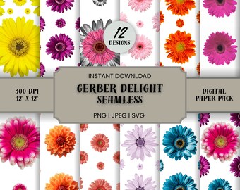 12 Gerber Flower Seamless Digital Papers, Background, Printable Scrapbook, High Resolution 300 dpi, Commercial Use, .JPEG .SVG .PNG 12 X 12
