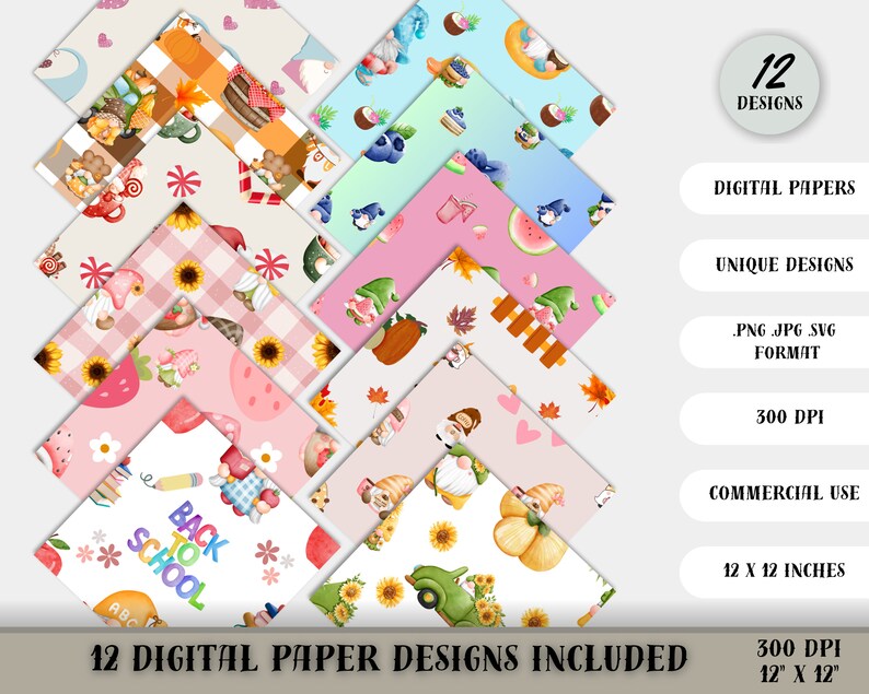 12 Gnome Digital Papers Seamless Pattern, Beautiful High Resolution, 300DPI, Commercial Use, Gnome Scrapbook Printable Paper, Sublimination Digital Prints, .PNG .JPEG .SVG Files, Instant Download, 12 X 12, Gnome Background Seamless