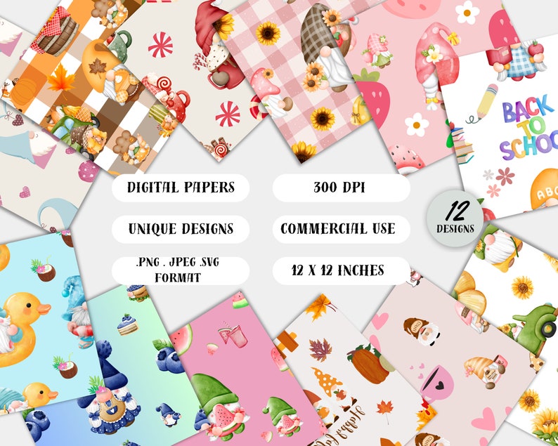 12 Gnome Digital Papers Seamless Pattern, Beautiful High Resolution, 300DPI, Commercial Use, Gnome Scrapbook Printable Paper, Sublimination Digital Prints, .PNG .JPEG .SVG Files, Instant Download, 12 X 12, Gnome Background Seamless