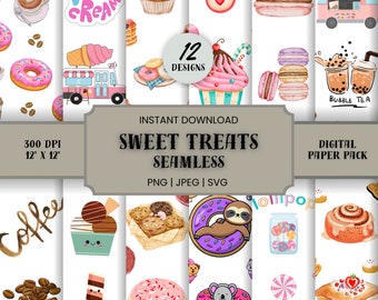 12 Sweet Treats Seamless Digital Papers, Background, Printable Scrapbook, High Resolution 300 dpi, Commercial Use, .JPEG .SVG .PNG 12 X 12