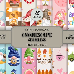 12 Gnome Digital Papers Seamless, Gnome Background, Printable Scrapbook, High Resolution 300 dpi, Commercial Use, .JPEG .SVG .PNG 12 X 12