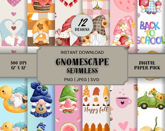 12 Gnome Digital Papers Seamless, Gnome Background, Printable Scrapbook, High Resolution 300 dpi, Commercial Use, .JPEG .SVG .PNG 12 X 12