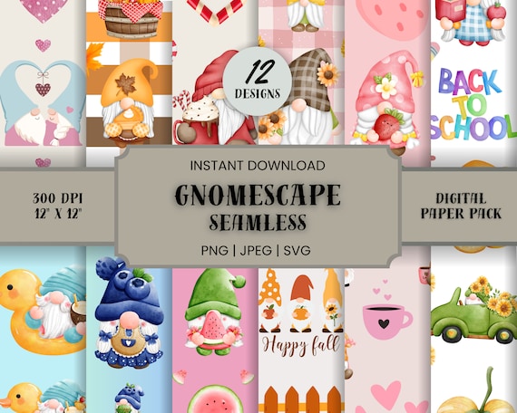 12 Gnome Digital Papers Seamless, Gnome Background, Printable Scrapbook, High Resolution 300 dpi, Commercial Use, .JPEG .SVG .PNG 12 X 12
