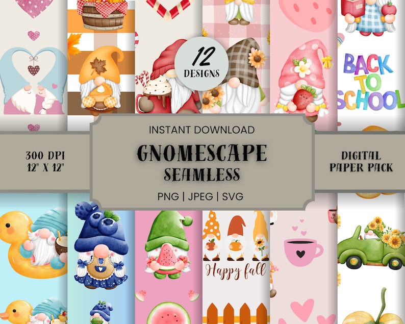 12 Gnome Digital Papers Seamless Pattern, Beautiful High Resolution, 300DPI, Commercial Use, Gnome Scrapbook Printable Paper, Sublimination Digital Prints, .PNG .JPEG .SVG Files, Instant Download, 12 X 12, Gnome Background Seamless