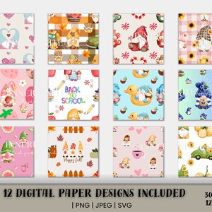 12 Gnome Digital Papers Seamless Pattern, Beautiful High Resolution, 300DPI, Commercial Use, Gnome Scrapbook Printable Paper, Sublimination Digital Prints, .PNG .JPEG .SVG Files, Instant Download, 12 X 12, Gnome Background Seamless