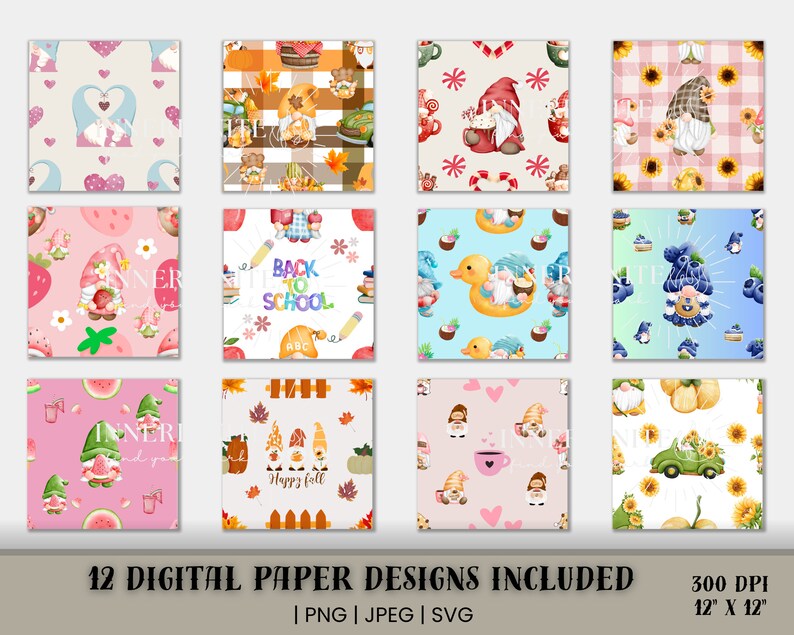 12 Gnome Digital Papers Seamless Pattern, Beautiful High Resolution, 300DPI, Commercial Use, Gnome Scrapbook Printable Paper, Sublimination Digital Prints, .PNG .JPEG .SVG Files, Instant Download, 12 X 12, Gnome Background Seamless