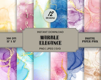 12 Marble Elegance Digital Papers, Marble Background, Printable Scrapbook, High Resolution 300 dpi, Commercial Use, .JPEG .SVG .PNG 12 X 12