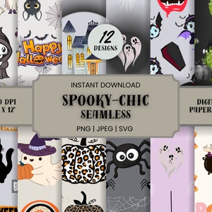 12 Spooky-Chic Halloween Seamless Digital Papers, Printable Scrapbook, High Resolution 300 dpi, Commercial Use, .JPEG .SVG .PNG 12 X 12