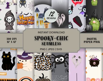 12 Spooky-Chic Halloween Seamless Digital Papers, Printable Scrapbook, High Resolution 300 dpi, Commercial Use, .JPEG .SVG .PNG 12 X 12