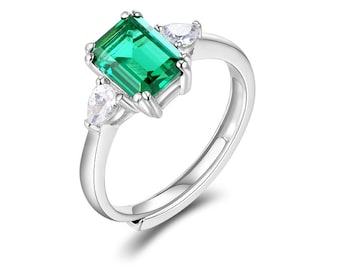 14K White Gold Over Silver Statement Ring with 1.60 Carats Lab Grown Emerald and White Sapphire Handmade Fine Jewelry Unique Gifts for Women