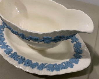 Wedgewood Queenswear cream and blue gravy boat.