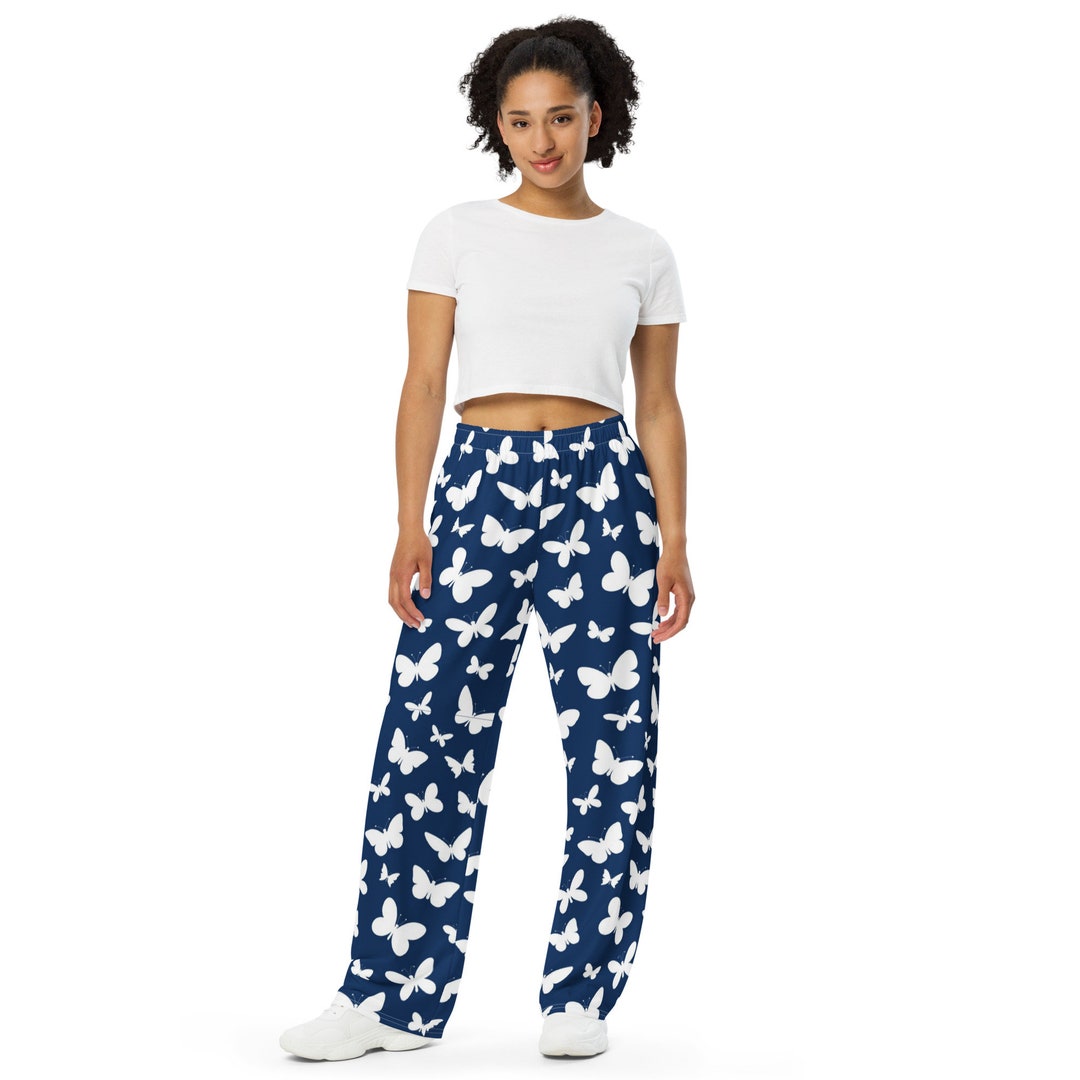 Navy Blue Butterfly Lounge Pants, Women's Clothing, Loungewear
