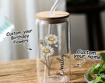 Bicchiere con nome personalizzato e fiore di nascita colorato Bicchiere con cannuccia personalizzato, regalo per la damigella d'onore della famiglia di amiche mamme
