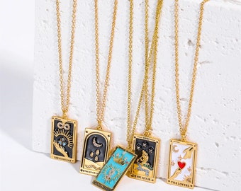 Antique Enamel Tarot Necklace | Star Moon Rectangular Pendant| Best Friend Necklace | Gift for Her