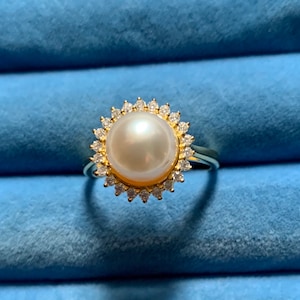 South Sea Gold Pearl, Moissanite Ring in Vermeil Yellow Gold Over Sterling Silver - Size 9