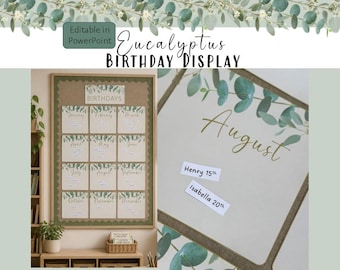 Decoración de cumpleaños para el aula con eucalipto / Decoración para profesores editable e imprimible / Descarga instantánea