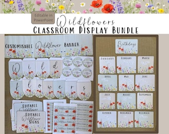 Lot de présentoirs de classe Fleurs sauvages | Décoration d'enseignant modifiable et imprimable | Téléchargement instantané