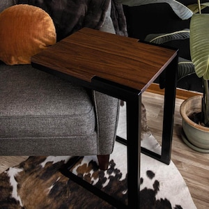 Walnut Industrial C Table, Slide-Under Couch End Table with Steel Frame