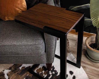 Walnut Industrial C Table, Slide-Under Couch End Table with Steel Frame