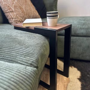 Small Walnut C Table for Couch, Industrial Slide-Under Laptop Side Table