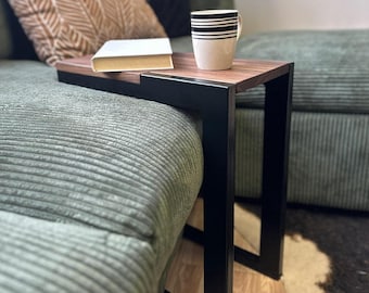 Small Walnut C Table for Couch, Industrial Slide-Under Laptop Side Table