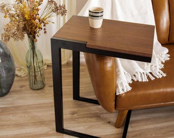 Large Walnut C Table for Couch, Industrial Wood & Steel Sofa Side Table