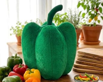 May include: A large, plush, green bell pepper-shaped pillow with a soft, fuzzy texture and a prominent stem. The pillow features a rounded, segmented body that mimics the natural appearance of a fresh bell pepper, crafted from fabric.