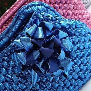 Handmade Crochet Clutch Bag in Shiny Ribbon – Elegant Evening Bag. Bag with removable crochet flower. Colorful bags.