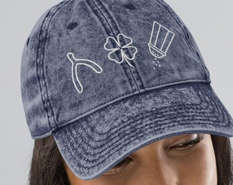 Wishbone Clover Eleven vintage pet van katoenkeperstof | Lucky Romance geborduurde hoed
