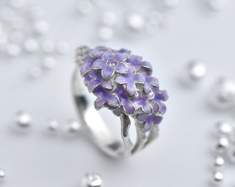 Lilac Blossom Sterling Silver Ring, Enamel Floral Jewelry
