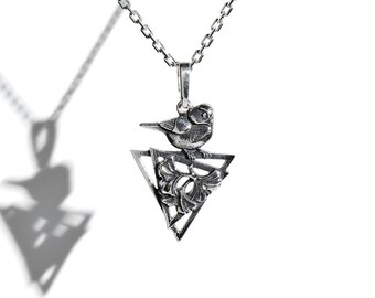 Sterling Silver Ginkgo Leaf Pendant: Titmouse Bird Necklace