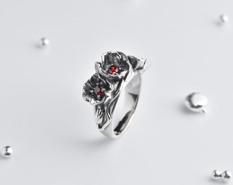 Oxidized Sterling Silver Poppy Ring: Handmade Floral Jewelry