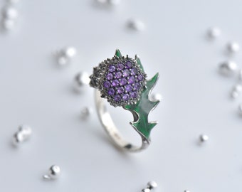 Sterling Silver Thistle Ring: Enamel & Cubic Zirconia Floral Jewelry