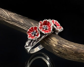 Handmade Sterling Silver Red Poppy Ring, Enamel Floral Jewelry