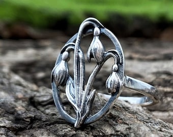 Sterling Silver Snowdrop Ring, Handmade Floral Jewelry